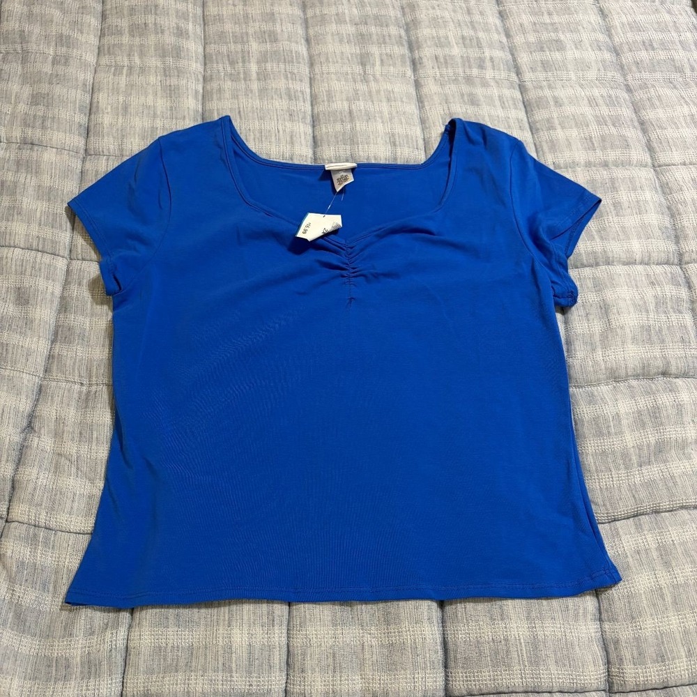 Rue + Ruched Square Neck Short Sleeve Top Womens Plus 2X Blue Cotton Blend NWT